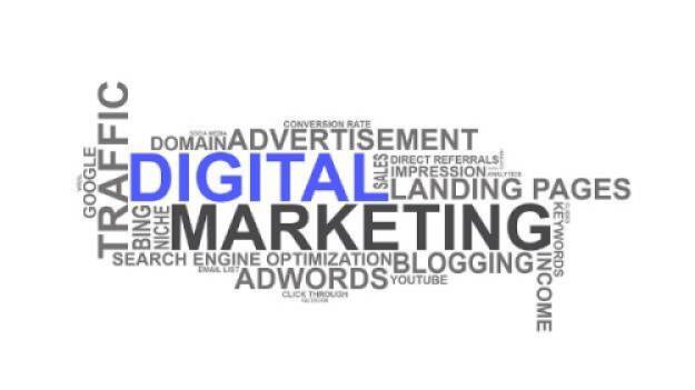Word cloud describing digital marketing with words like advertisement, blogging, landing page, keywords, and optimization